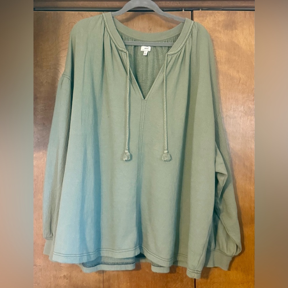 Olive Green Pullover Sweatshirt with Tassel Drawstrings